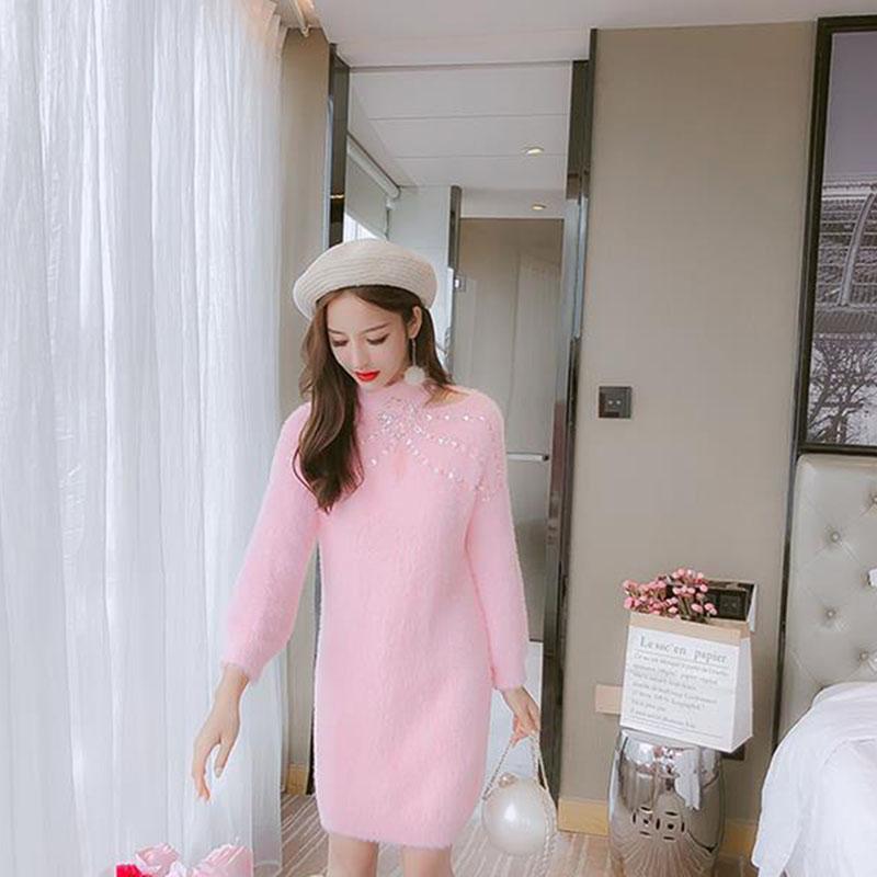 Autumn and Winter Temperament All-match Dress Beaded Mohair Knitted Sweater Dress Loose Mid-length Female Base Dress