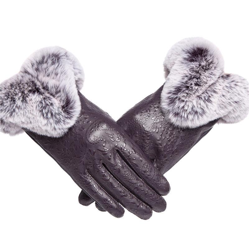 Leather gloves Thick gloves Woman fashion gloves Plush Cotton gloves Windproof gloves Winter Warm