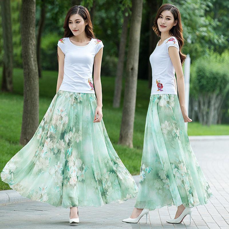 Summer New Chiffon Skirt Long Plus Size Skirt Bohemian Floral Big Swing Female Beach Skirt Long Skirt Women's A-line Skirt