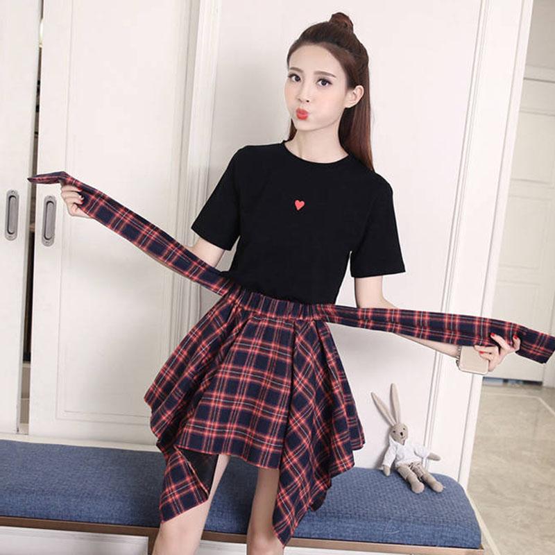 Spring and Summer Fashion Solid Color Suit Skirt Women's Short-sleeved T-shirt High Waist Irregular Plaid Skirt Two Pieces