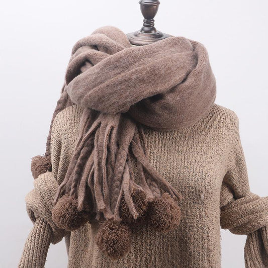 Scarf Female Autumn and Winter Fur Ball Tassel Thick Warm Plaid Shawl Scarf