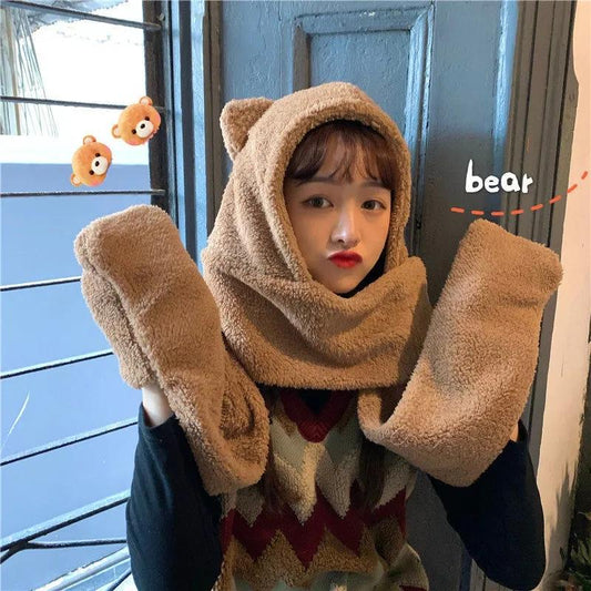 Women's All-match Cute Autumn and Winter Warm Hat Double-layer Thickening One-piece Three-purpose Hat Bear Ears Scarf Gloves Fleece Warm Caps Set