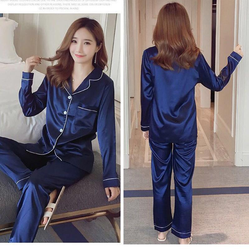 Women's Spring Autumn Ice Silk Long-sleeved Pajamas Set Simple Lapel Buttons Sexy Outer Wear Plus Size Suits Casual Loose Homewear Sleeping Suit