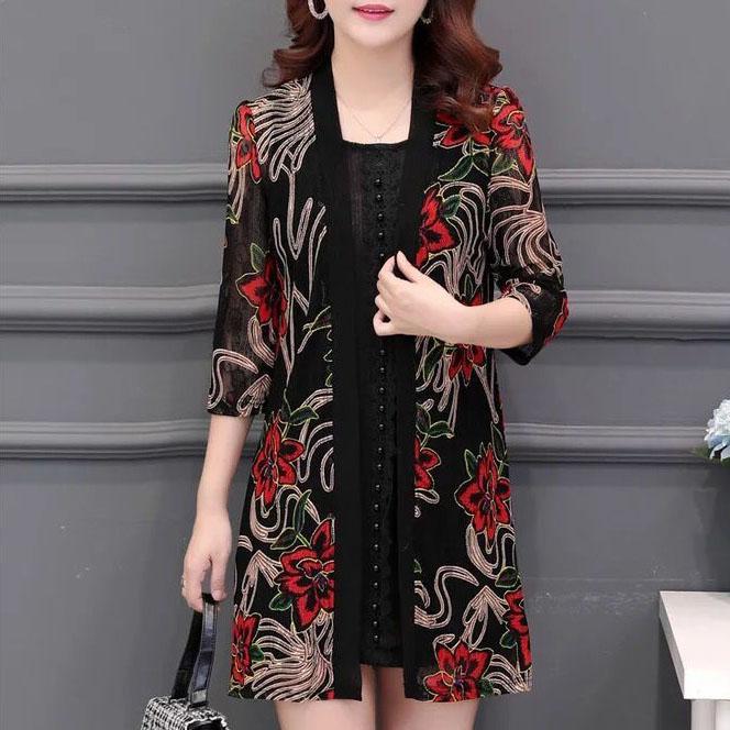 M-5XL Women's Spring and Summer Plus Size Lace Cardigan Female Printed Mid-length Shawl Slim Hollow-carved Design Thin Coat