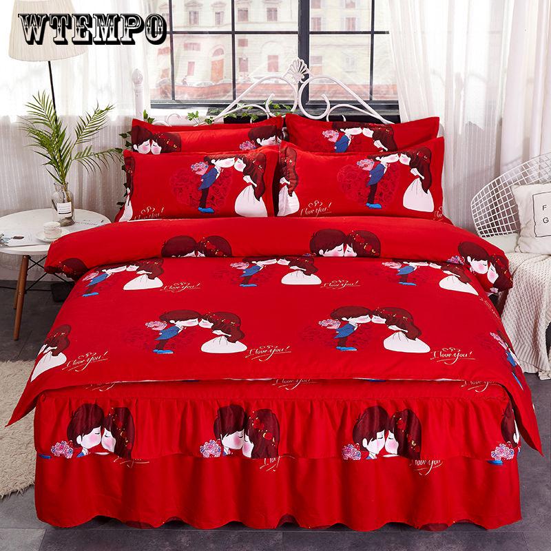 Printing Comforter Family Set Bed Skirt Sheet Microfiber Bedclothes Bedspread