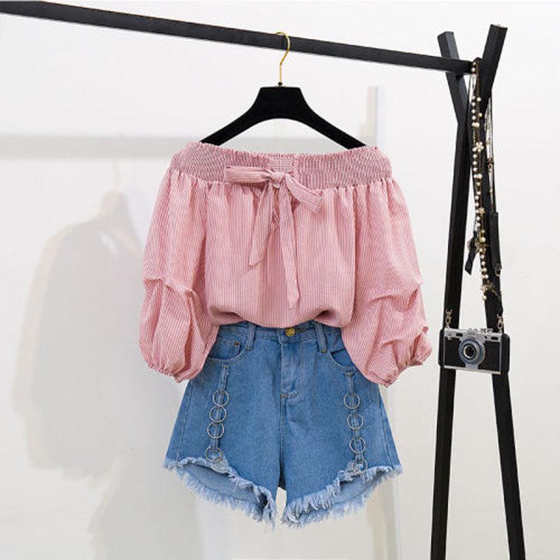 Summer Women's Shorts Set Off Shoulder Slash Neck Bubble Sleeves Blouse Tops and Denim Shorts Two-piece Set