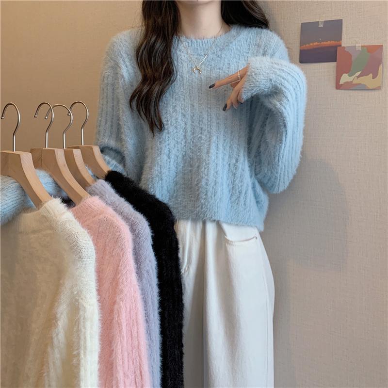 Pink Sweater Women Knitted Pullover Sweater O Neck Long Sleeve Loose Casual Jumper Furry Fall Winter Women Sweater Cropped Tops Short Clothes