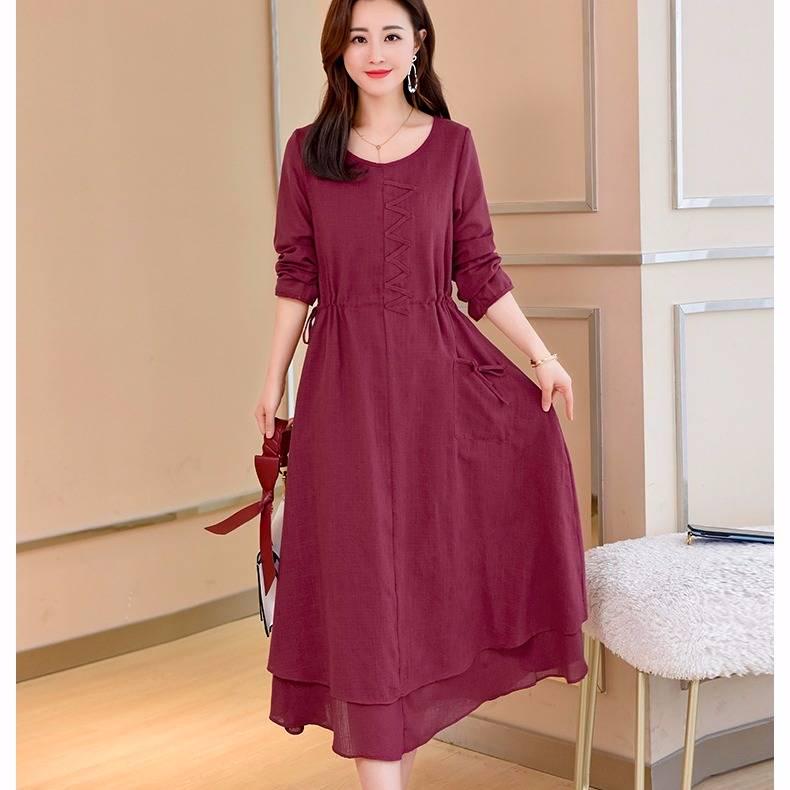 Women Autumn Winter Plus Size Dress Elegant Party Patchwor Dress Ruffle 3 Color Long Dresses