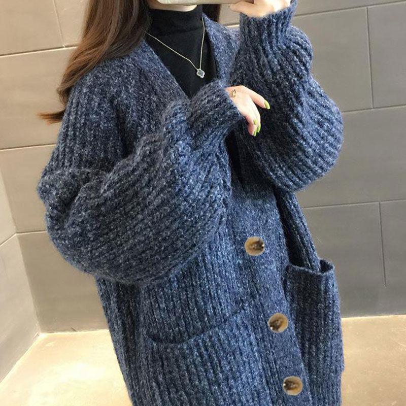 Knit Cardigan Sweater Coat Women Fashion Big Pocket Sweater Large Size Mid-length Loose