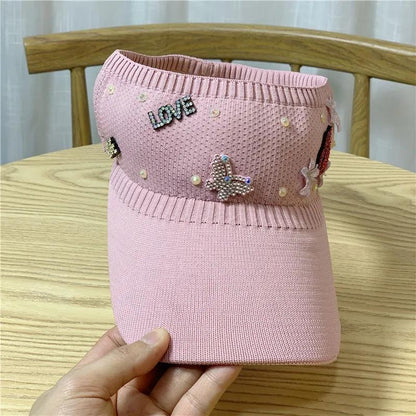 Rhinestone Empty Top Hat Women's Lipstick Topless Peaked Cap Spring Summer Sun Hat Cute Sunscreen Protective Hat