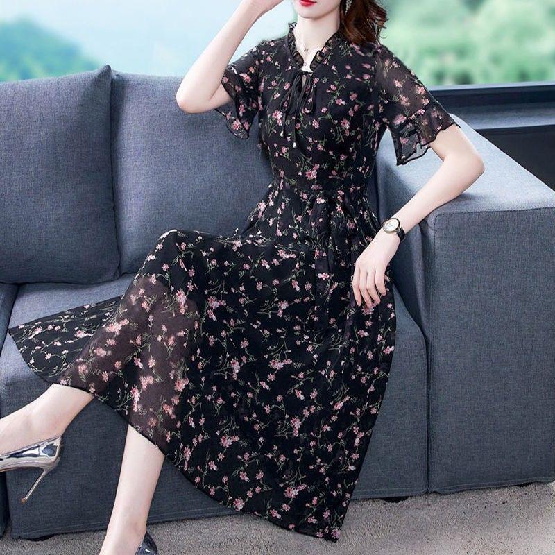 Women's Spring Summer Floral Dress Chiffon Veil Printing Full Length Daily Wear L-XXXXXL Large Size