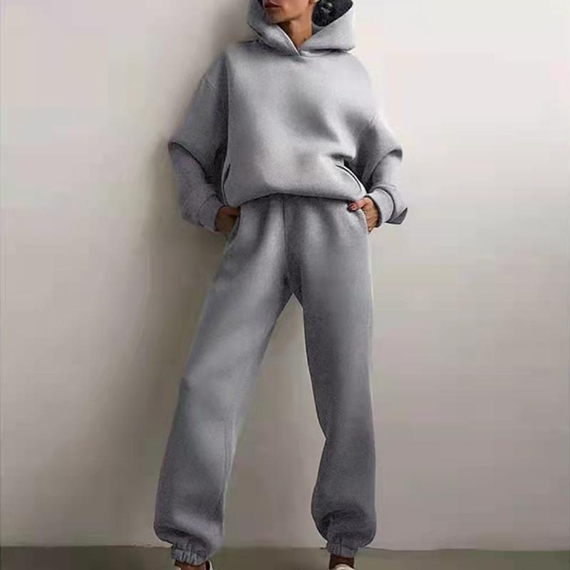 2PCS Solid Color Casual Sweater Suit Autumn and Winter Sports Trousers Hooded Sweater Two-piece Set Athletic Clothing Tracksuits for Women