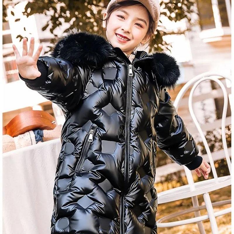 Children's Warm Down Padded Jacket Girls Mid-length Thick Children's Clothing Bright Leather and Wash-free Winter Coat