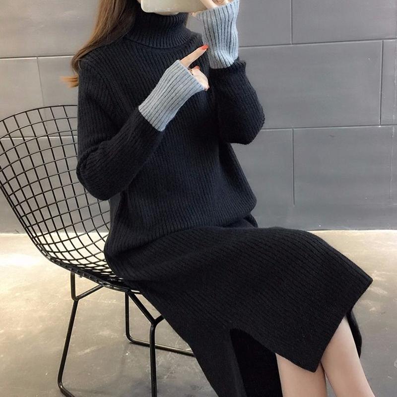 Mid-length High Neck Over-the-knee Sweater Women Autumn and Winter Korean Loose Solid Color Long-sleeved Student Knit Base