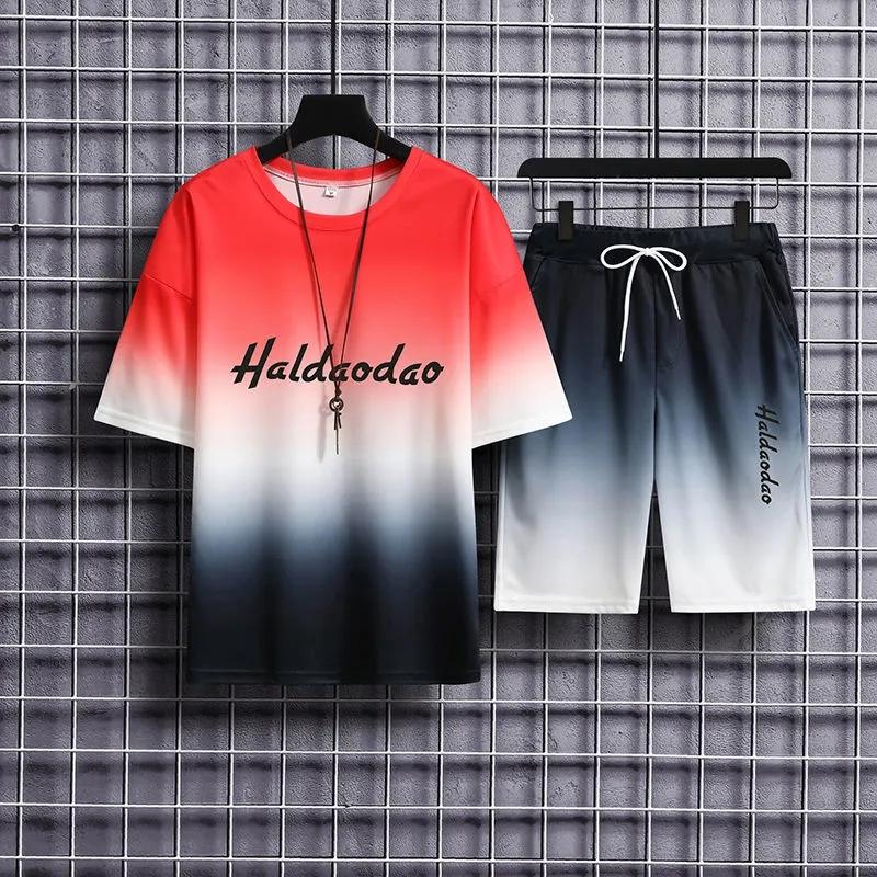 Summer Casual Sports Men's Short-sleeved Shorts Two-piece Men's Youth Gradient T-shirt