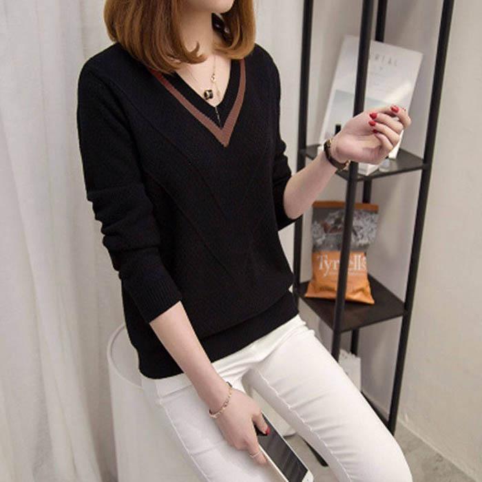 Women Black Slim V-neck Pullover Sweater Thickened Hollow Soft Knitted Bottoming Shirt Coat