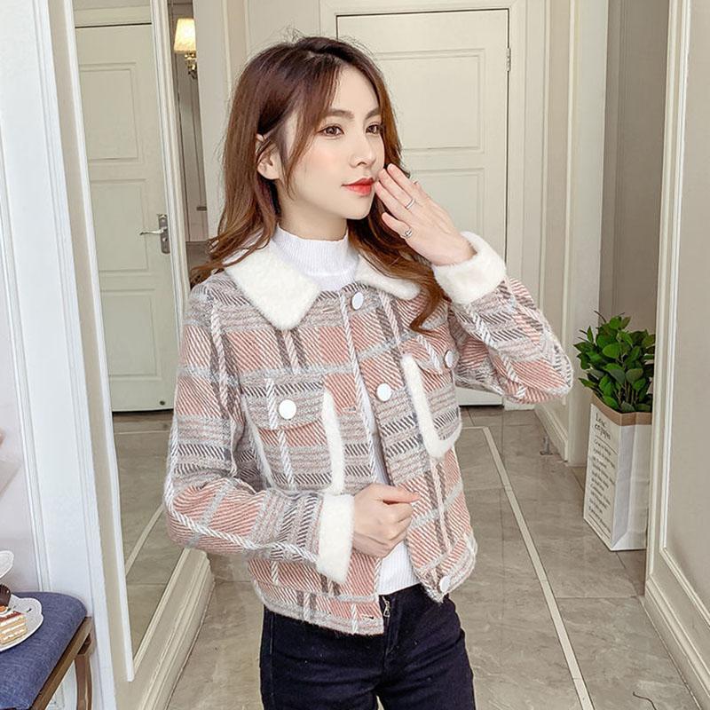 Winter Korean Style Plaid Fur Collar Casual Loose Jacket Women Fashion All-match Straight Short Top