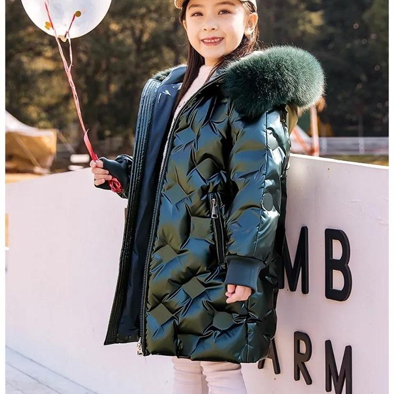 Children's Warm Down Padded Jacket Girls Mid-length Thick Children's Clothing Bright Leather and Wash-free Winter Coat