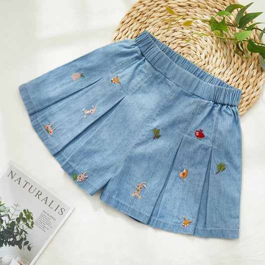 Girls' Cotton Denim Shorts Children's Big Children's Embroidered Short Culottes Summer Clothes Thin Outer Wear Pants