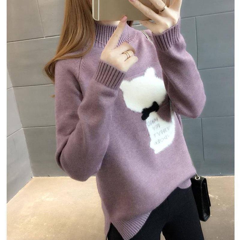 Autumn and Winter Thick Sweater Fashion Loose Knit Top Half High Collar Youth Female Jacket