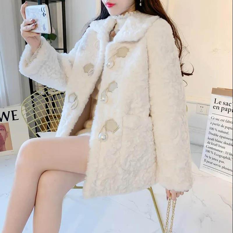 Winter Model Rabbit Plush Coat Female Korean Version Loose Horn Buckle Lamb Hair Western Style Faux Fur Coat