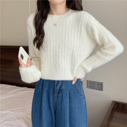 Pink Sweater Women Knitted Pullover Sweater O Neck Long Sleeve Loose Casual Jumper Furry Fall Winter Women Sweater Cropped Tops Short Clothes