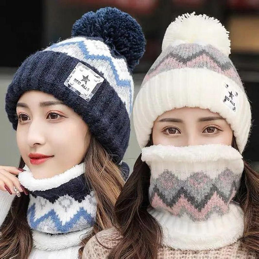 Winter Hat Bib Suit Plus Velvet Thick Warm Knitted Wool Hat Outdoor Windproof Mask Bib One for Women