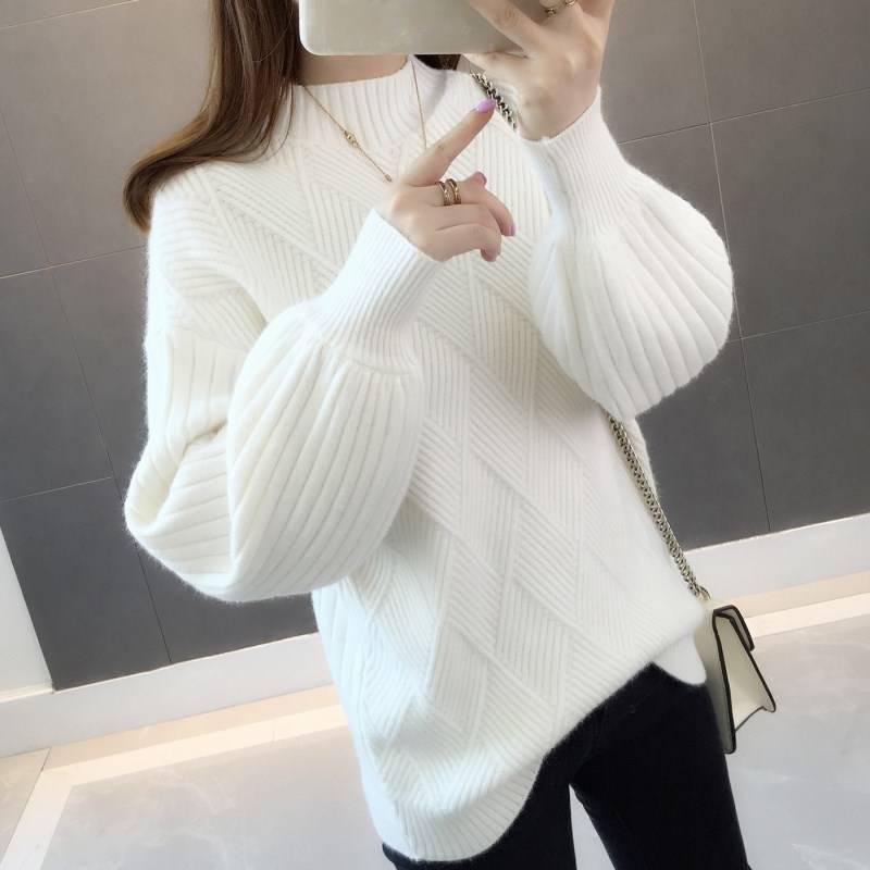 Casual Turtleneck Sweater Woman Winter Knitting Pullovers Lantern Sleeve Knitted Solid Jumper Women