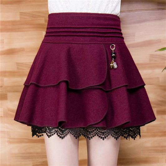 Plus Size High Waist Woolen Pleated Skirt Women Sexy Lace Stitching Puff Skirt Spring, Autumn and Winter Short A-line Skirt