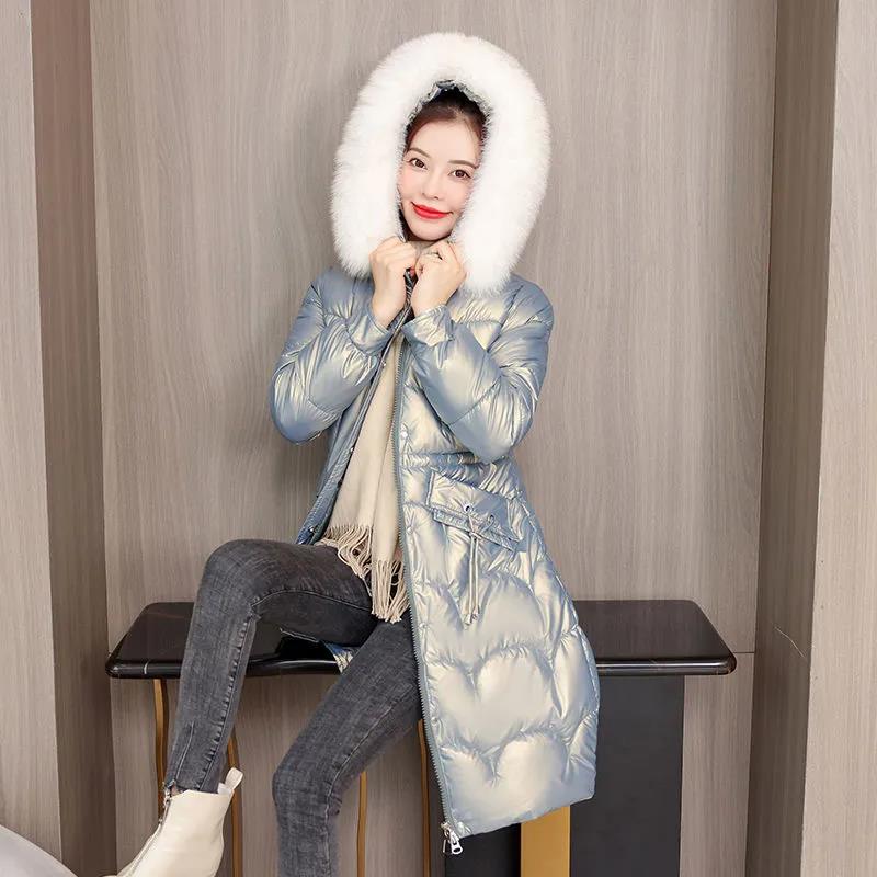 Down Cotton Jacket Winter Thicken Warm Loose Fashion Color Glossy Disposable Hooded Mid-length Cotton Jacket Women