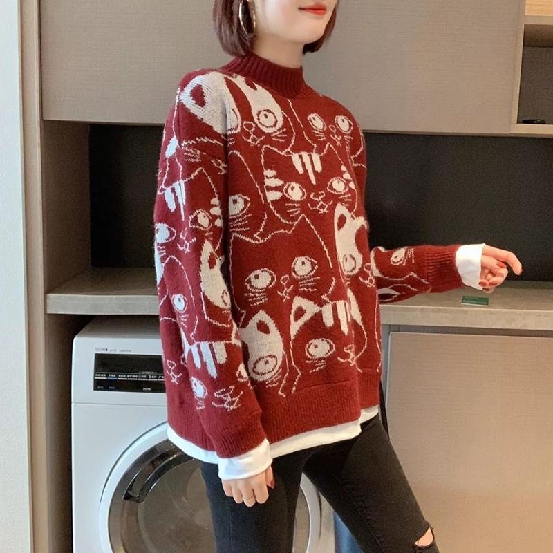 Autumn Winter  Women Fashion Sweater Casual Knitting Sweater Print Round Neck Pullovers Loose Casual Long Sleeve Sweater