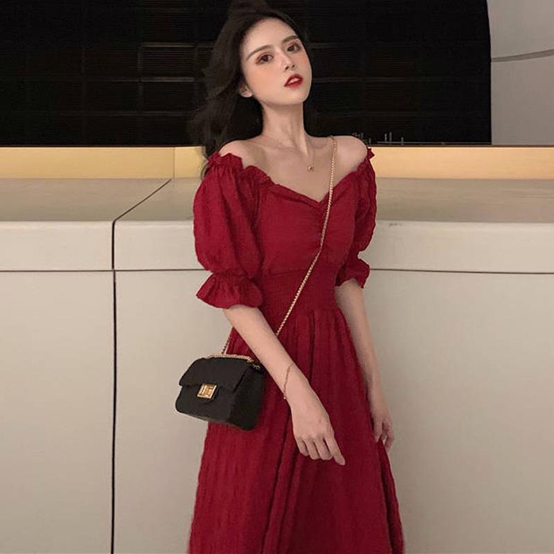 Puff Sleeve Women Maxi Dresses Sexy Off Shoulder A-Line Long Boho Summer Dress Elastic Waist Dress