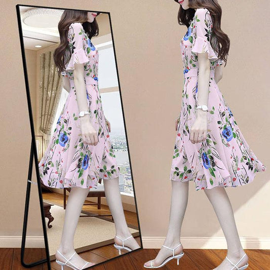 Pofulove S-2XL Women Summer High-end Floral Chiffon Dress Short-sleeved V-neck A-line Sun-dresses