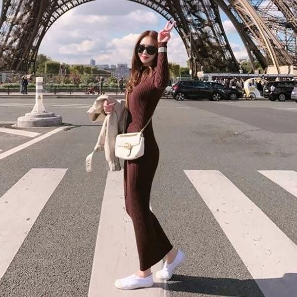 Autumn and Winter Fashion Super Long Women's Sweater Dress Over-the-knee Base Knitted Long V-neck Slim Dress