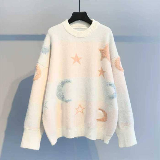 Stars and Moon Sweater Women Winter Loose Round Neck Long Sleeved Pullover Knitted Sweater