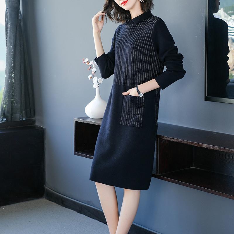 Autumn and Winter Doll Collar Loose Dress Mid-length Hedging Knit Bottoming Skirt Fashion Simple Women's Sweater Dress