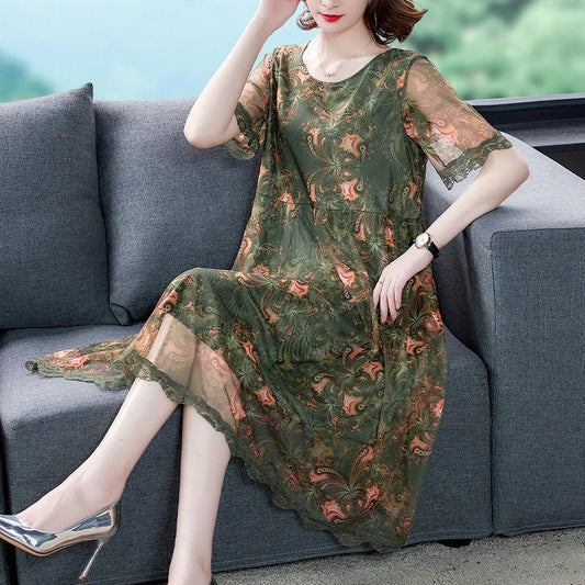 3colors L-XXXXXL Women's Summer Chiffon Lace Corner Dress Middle-aged Mother Veil Short Sleeve Round Neck Printing Mid-length Daily Wear