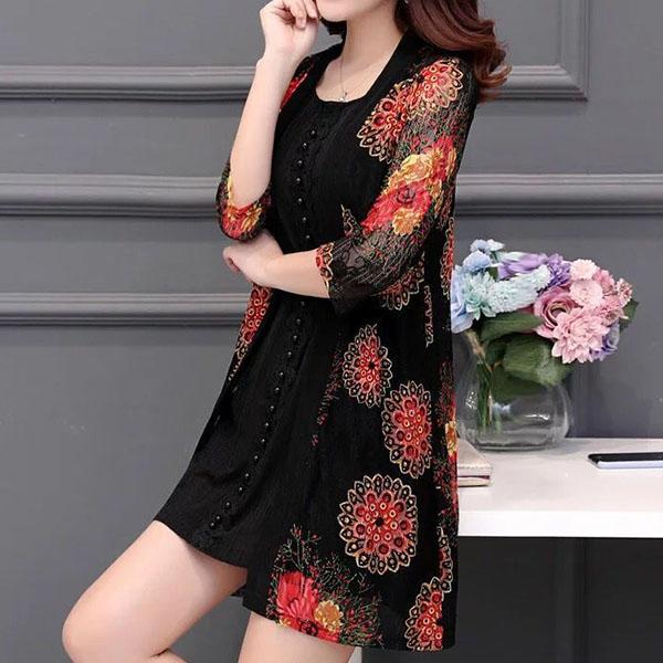 M-5XL Women's Spring and Summer Plus Size Lace Cardigan Female Printed Mid-length Shawl Slim Hollow-carved Design Thin Coat