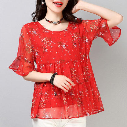 Chiffon Shirt Short-sleeved Plus Size Women's Blouse Floral Loose T Round Neck Small Shirt Chiffon Fabric Light and Breathable Cool