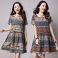 Summer Short-sleeved Dress Women's Retro Flower Printing Loose Plus Size Mid-length Base A-line Dress Round Neck Stitching Mid-length Skirt