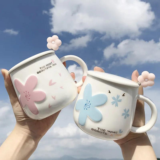 Net Celebrity Ins Cherry Blossom Ceramic Mug with Lid and Spoon Female Student High-value Korean Version of Cute Drinking Cup Home