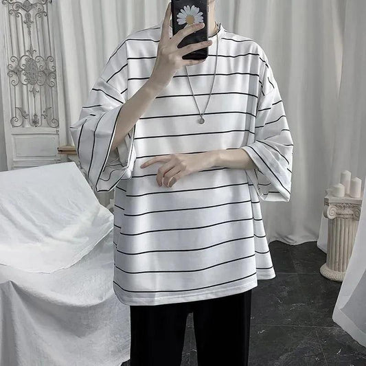 Striped Short-sleeved Men's Summer Five-point Sleeve T-shirt Boys Bat Shirt Loose Tide Brand Half-sleeved Men's Shirt