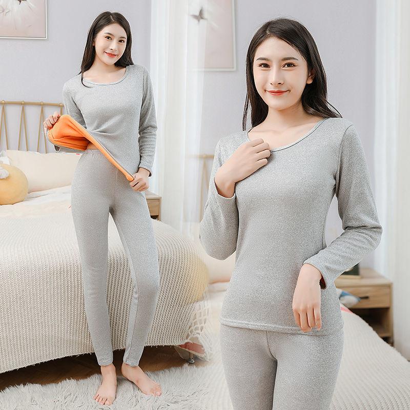 Women's Autumn and Winter Plus Velvet Thick Long-sleeved Trousers Thermal Underwear Pajamas Two-piece Round Neck Stretch Plus Size Suit