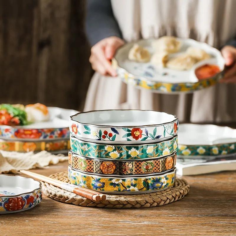 Japanese Dumpling Plate Sushi Plate Round Plate Square Plate Soy Sauce and Vinegar Compartment Household Ceramic Plate