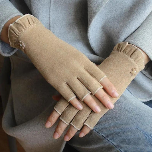 Women's Half-finger Gloves Warm Spring Autumn Fingerless Mittens Winter Female Cute Ruffled Simple Driving Office Gloves Solid Acrylic Elastic Gloves