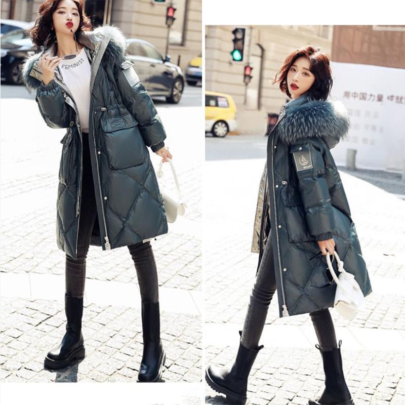 Women's Winter Korean Loose Quilted Coat Warm Down Jacket with Fur Collar Women's Glossy Mid-length Down Jacket