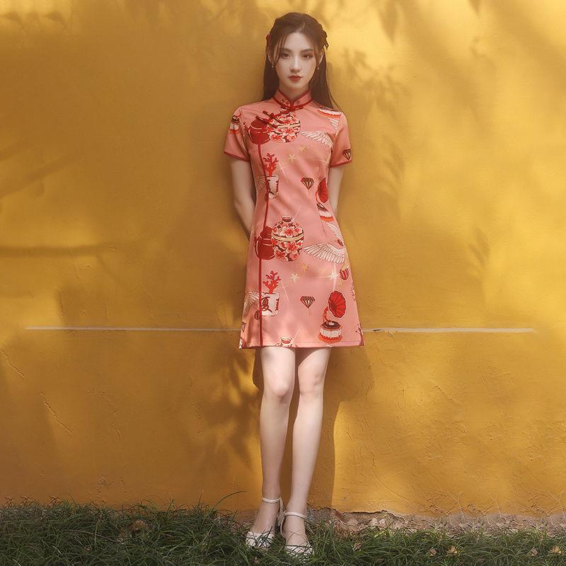 Improved Cheongsam Female Summer Young Girl Can Wear Big Flower Dress National Short