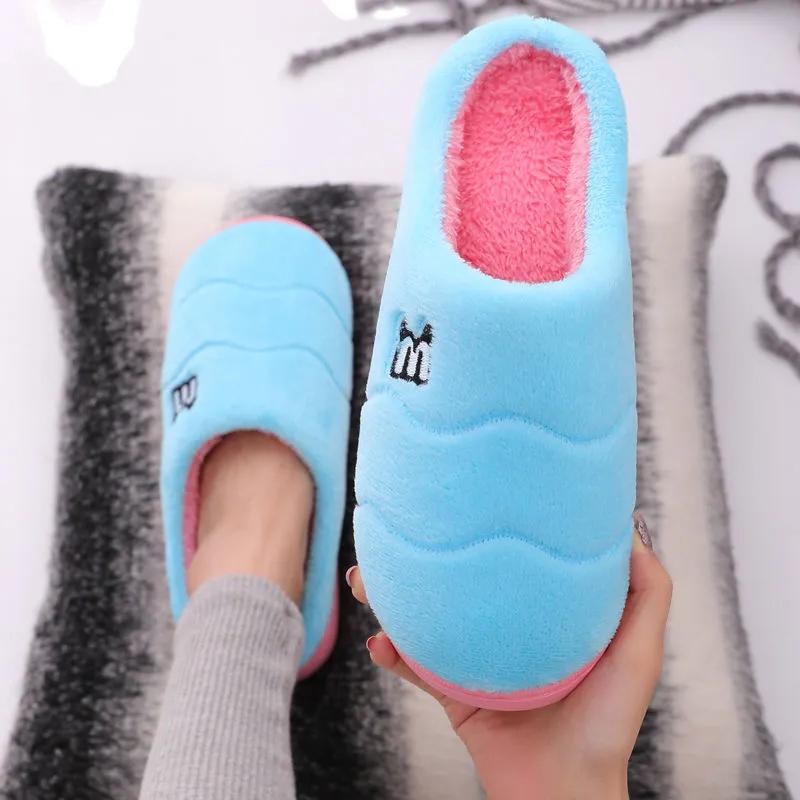 Winter Slippers Women Warm Cotton Shoes Thick Fleece Home Slides Men Plus Size Slippers Pink Blue Couples Non Slippers