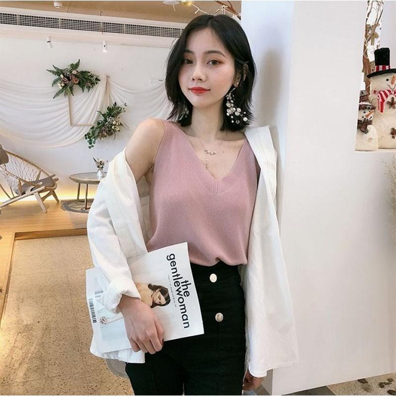 Sleeveless Knit Sweater Camisole Women's Outer Wear Loose V-Neck Short Bottoming Shirt