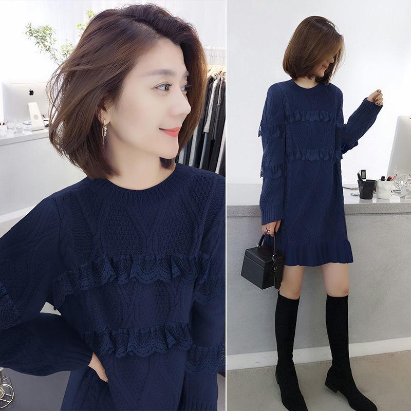 Autumn and Winter Fashion Knitted Bottoming Skirt Mid-length Solid Color Casual Dress Long-sleeved Lace Female Sweater Dress